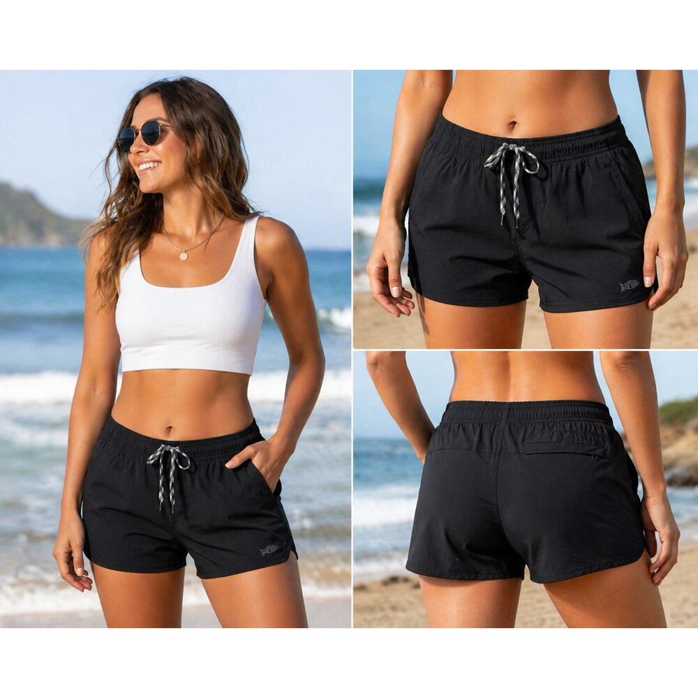 AFTCO Board Shorts Women Medium Black Fishing Swim Stretch Nylon Drawstring